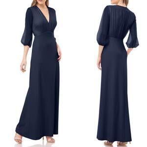 NWT JS Collections Navy Blue Chiffon V Neck Long Sleeve Crepe Maxi Gown US 2